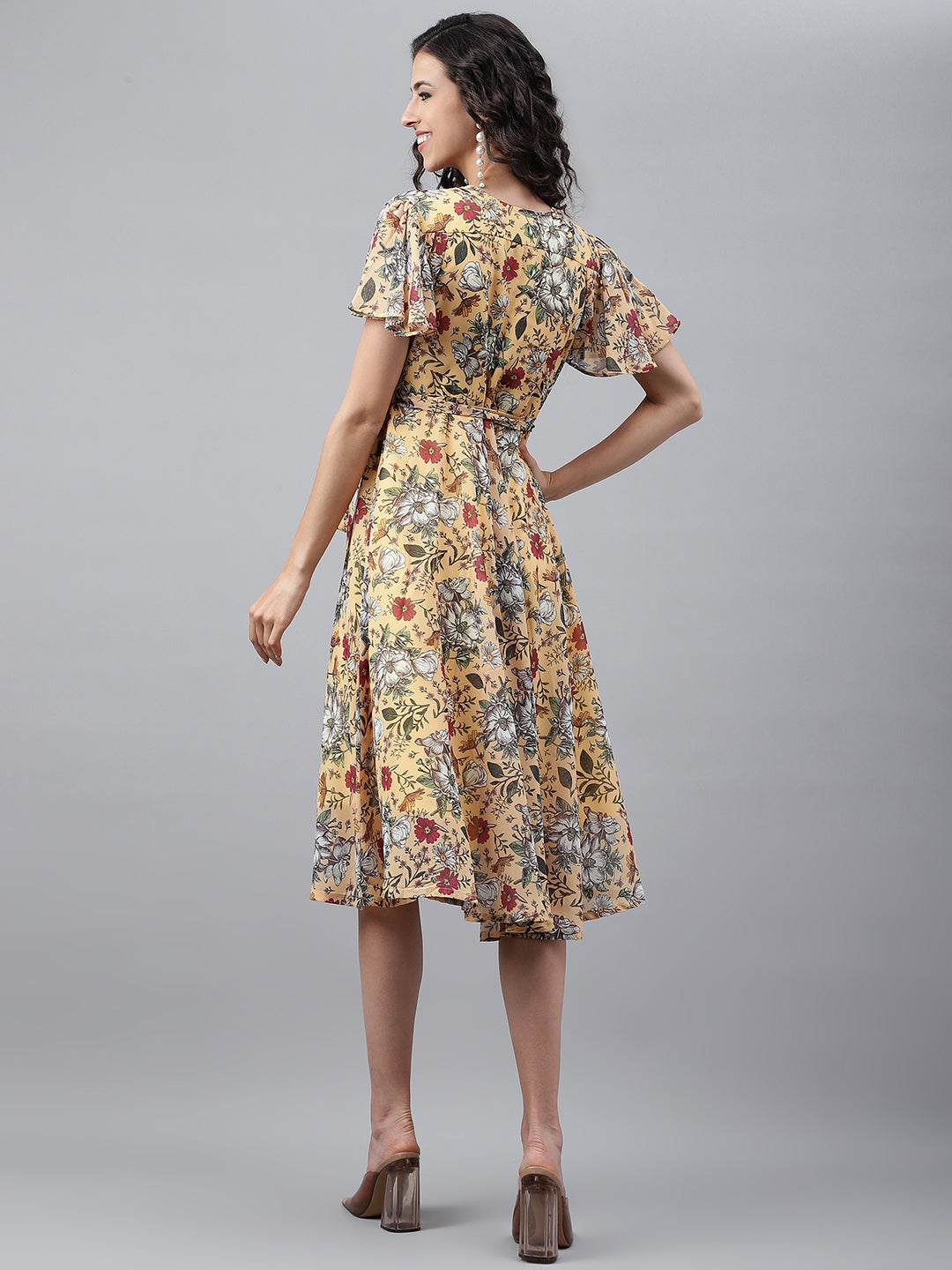 Janasya Women's Yellow Georgette Digital Printed Flared Casual Dress | Grocsy