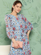 Janasya Women's Sky Blue Georgette Digital Printed A Line Casual Dress | Grocsy