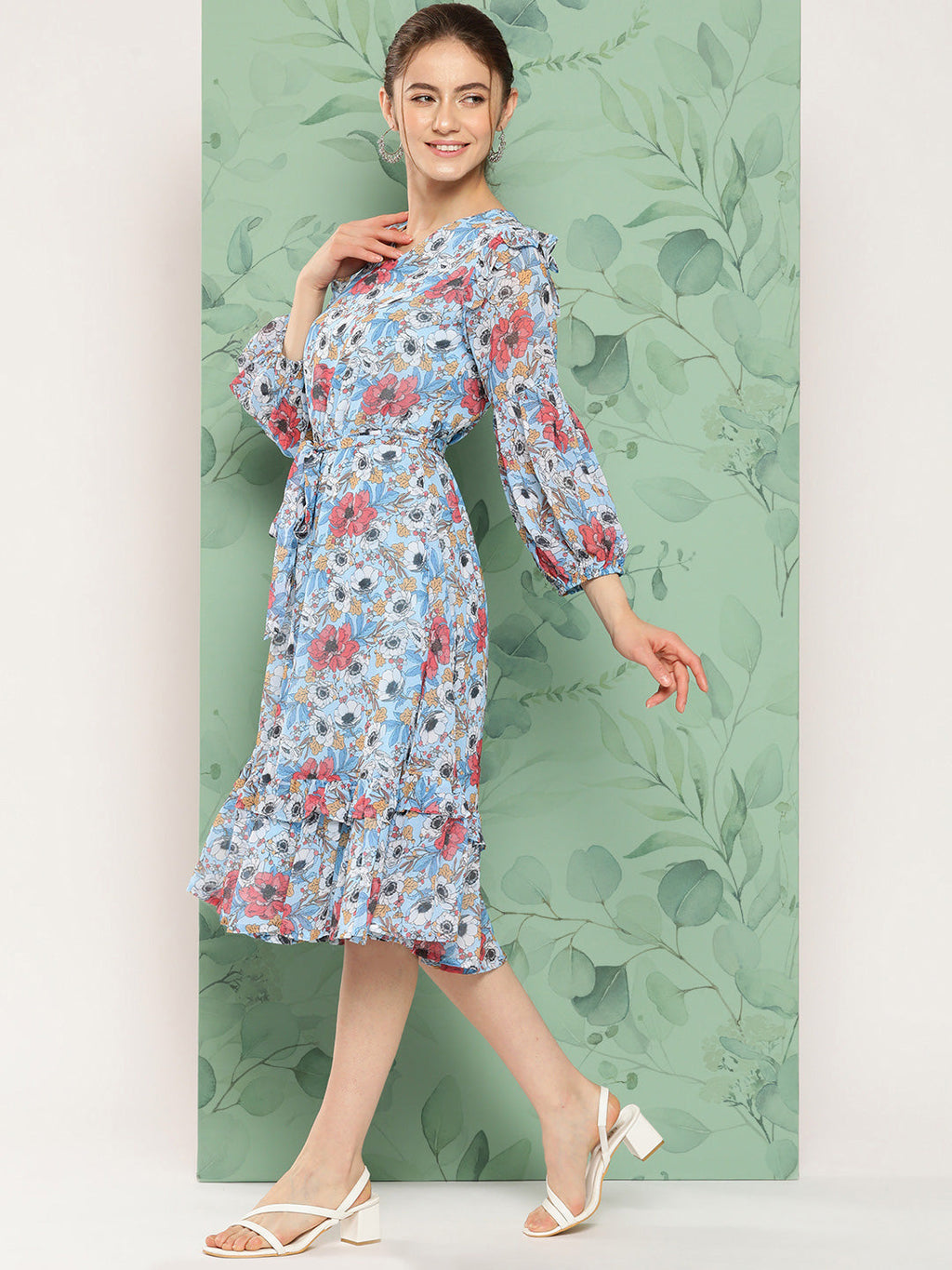 Janasya Women's Sky Blue Georgette Digital Printed A Line Casual Dress | Grocsy