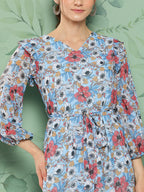 Janasya Women's Sky Blue Georgette Digital Printed A Line Casual Dress | Grocsy