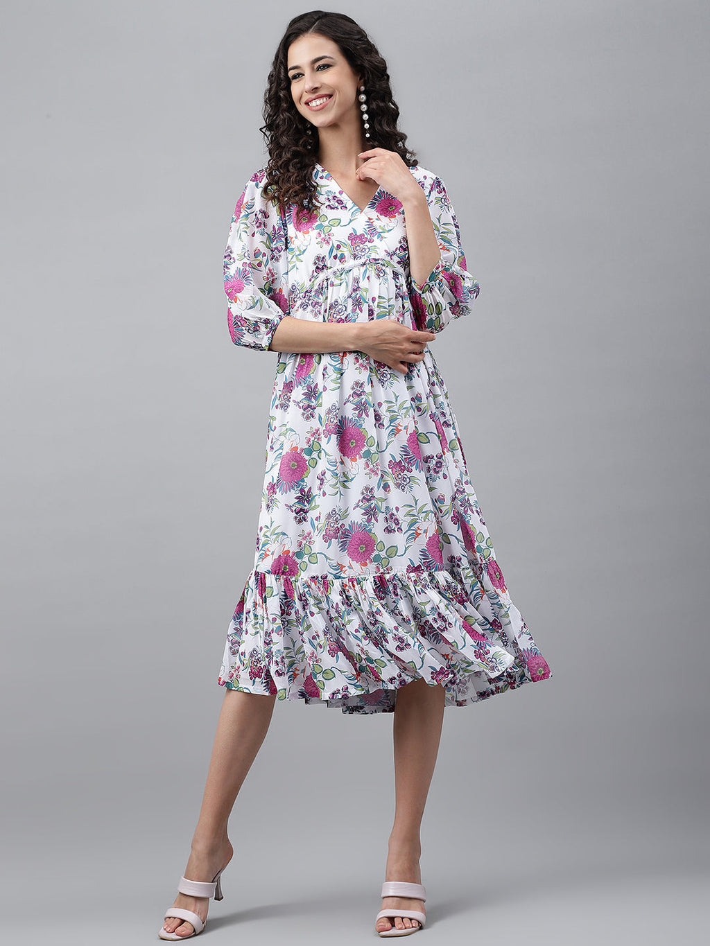 Janasya Women's White Georgette Digital Printed Flared Casual Dress | Grocsy