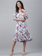 Janasya Women's White Georgette Digital Printed Flared Casual Dress | Grocsy