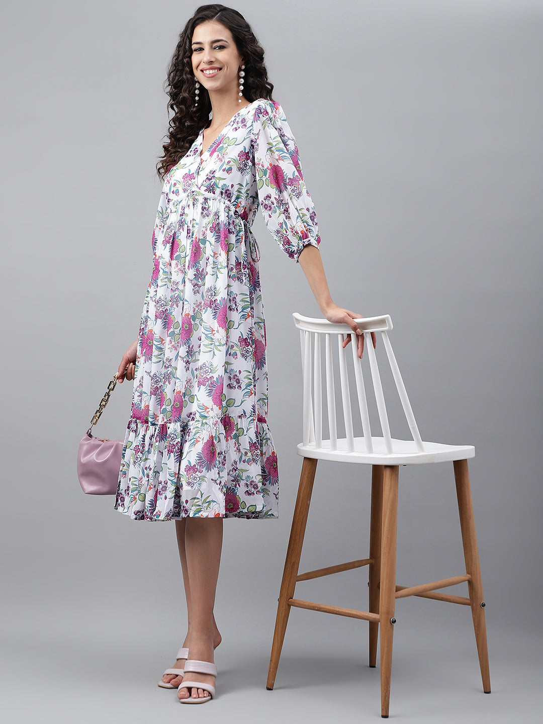 Janasya Women's White Georgette Digital Printed Flared Casual Dress | Grocsy