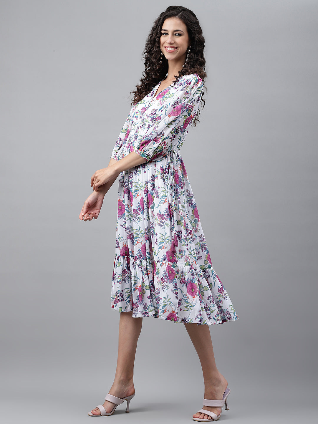 Janasya Women's White Georgette Digital Printed Flared Casual Dress | Grocsy