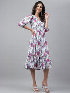 Janasya Women's White Georgette Digital Printed Flared Casual Dress | Grocsy