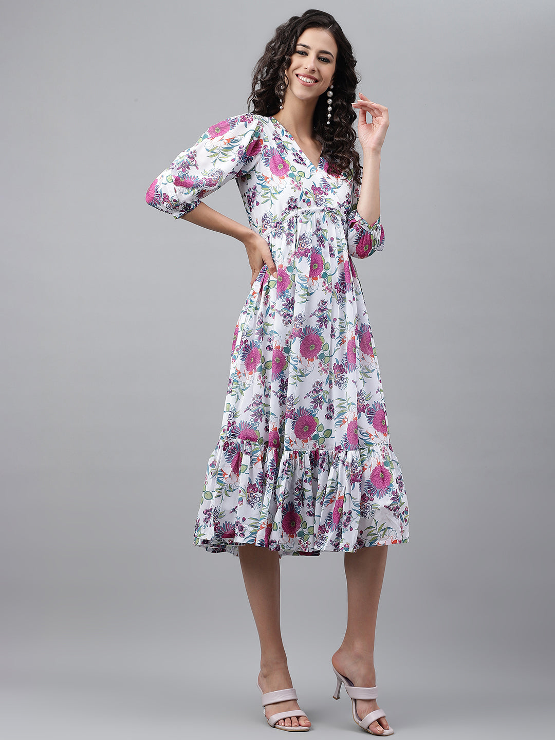 Janasya Women's White Georgette Digital Printed Flared Casual Dress | Grocsy