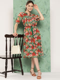 Janasya Women's Green Georgette Digital Printed Empire Casual Dress | Grocsy
