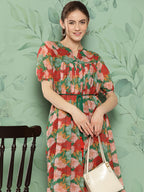 Janasya Women's Green Georgette Digital Printed Empire Casual Dress | Grocsy
