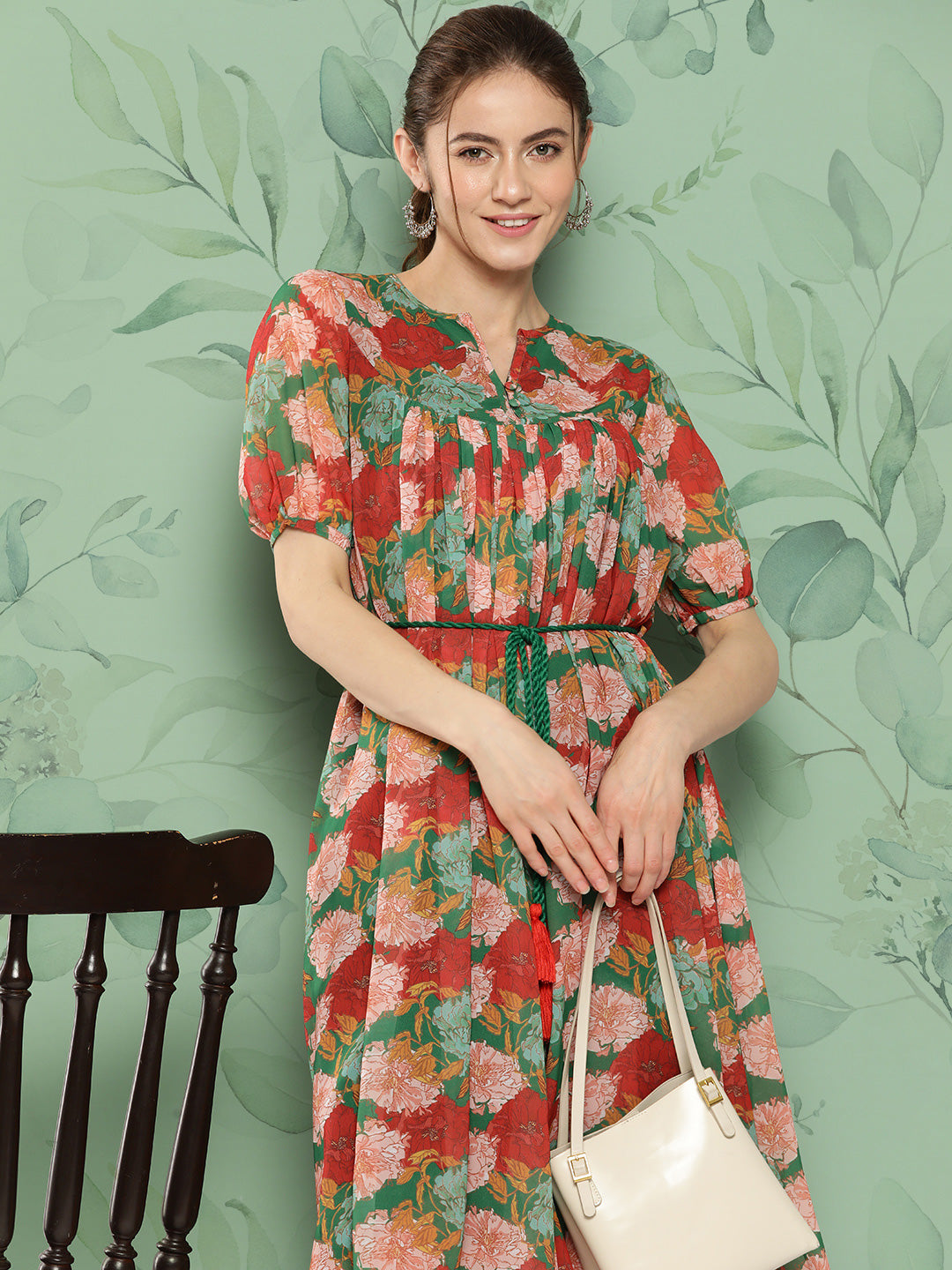 Janasya Women's Green Georgette Digital Printed Empire Casual Dress | Grocsy