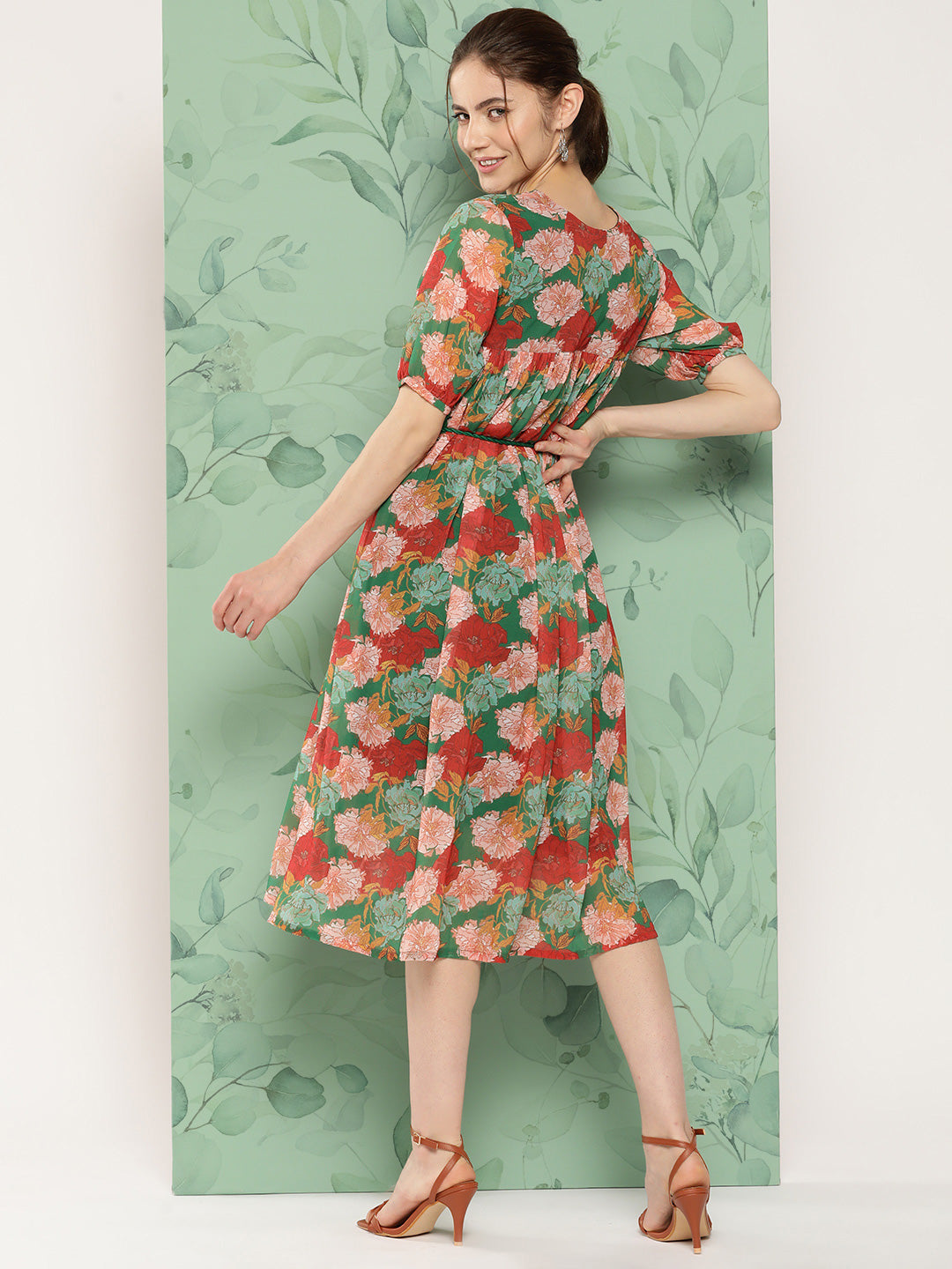 Janasya Women's Green Georgette Digital Printed Empire Casual Dress | Grocsy