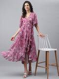 Janasya Women's Pink Georgette Digital Printed Wrap Casual Dress | Grocsy