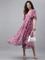 Janasya Women's Pink Georgette Digital Printed Wrap Casual Dress | Grocsy