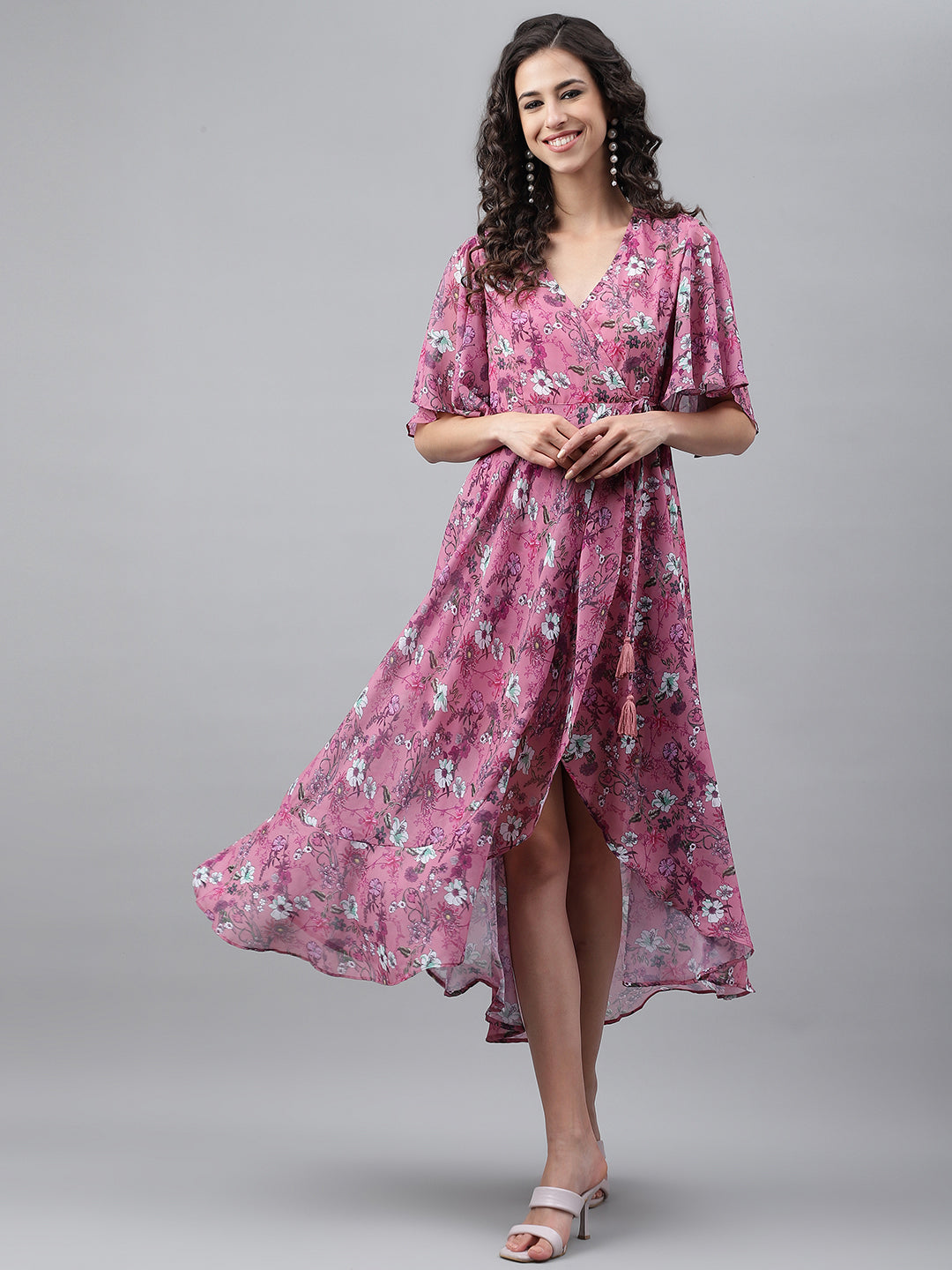Janasya Women's Pink Georgette Digital Printed Wrap Casual Dress | Grocsy