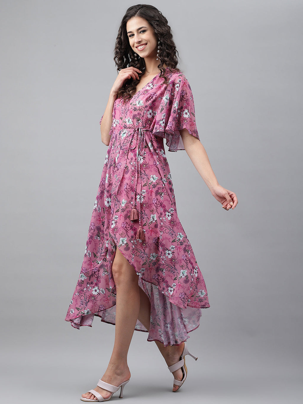 Janasya Women's Pink Georgette Digital Printed Wrap Casual Dress | Grocsy