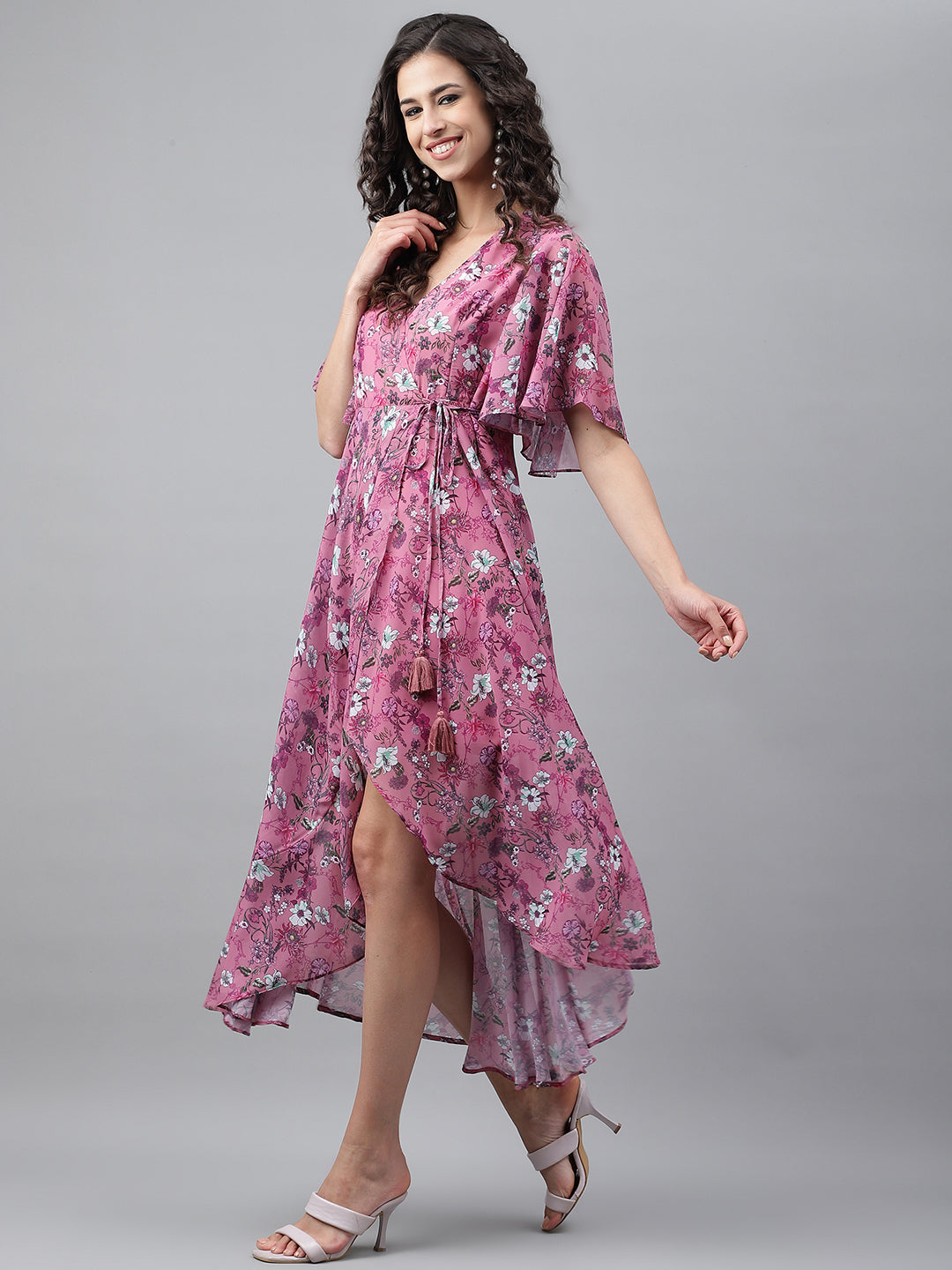 Janasya Women's Pink Georgette Digital Printed Wrap Casual Dress | Grocsy