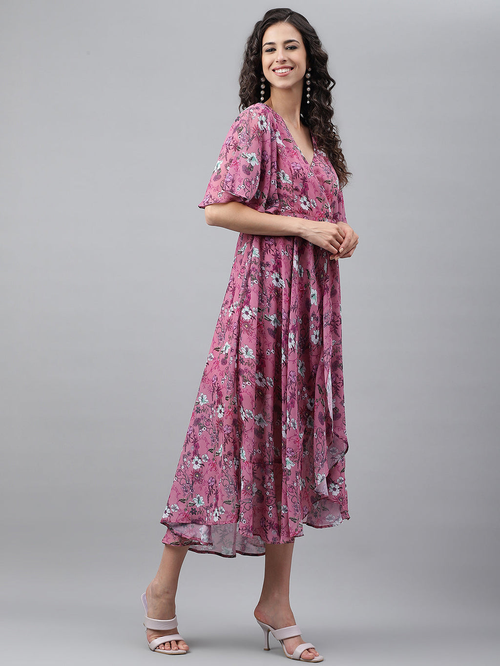 Janasya Women's Pink Georgette Digital Printed Wrap Casual Dress | Grocsy