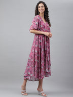 Janasya Women's Pink Georgette Digital Printed Wrap Casual Dress | Grocsy