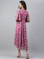 Janasya Women's Pink Georgette Digital Printed Wrap Casual Dress | Grocsy
