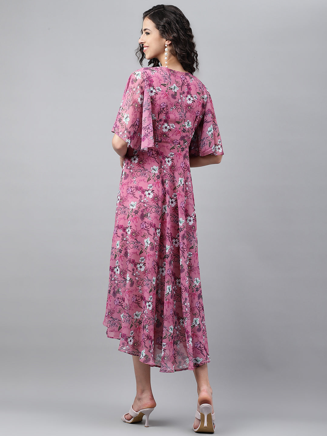 Janasya Women's Pink Georgette Digital Printed Wrap Casual Dress | Grocsy