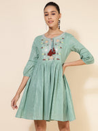 Janasya Women's Green Cotton Yoke Embroidery Casual Dress | Grocsy