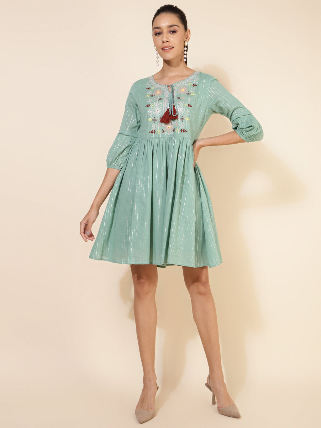Janasya Women's Green Cotton Yoke Embroidery Casual Dress | Grocsy