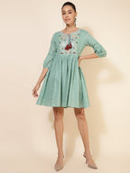 Janasya Women's Green Cotton Yoke Embroidery Casual Dress | Grocsy