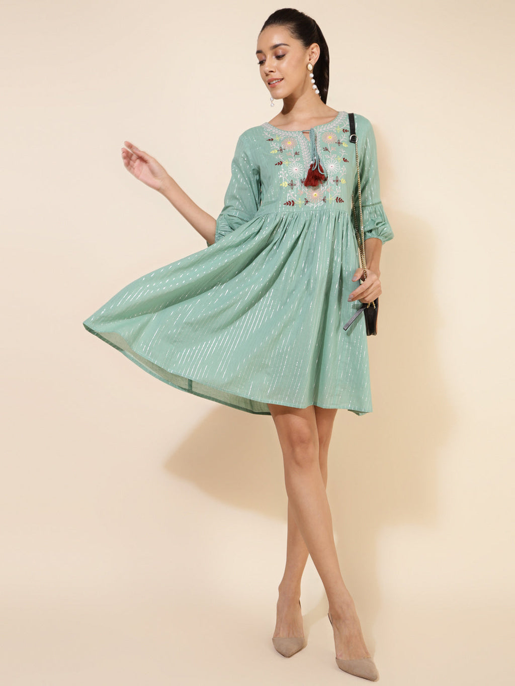 Janasya Women's Green Cotton Yoke Embroidery Casual Dress | Grocsy