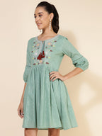 Janasya Women's Green Cotton Yoke Embroidery Casual Dress | Grocsy
