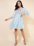 Janasya Women's Sky Blue Cotton Embroidery Casual Dress | Grocsy