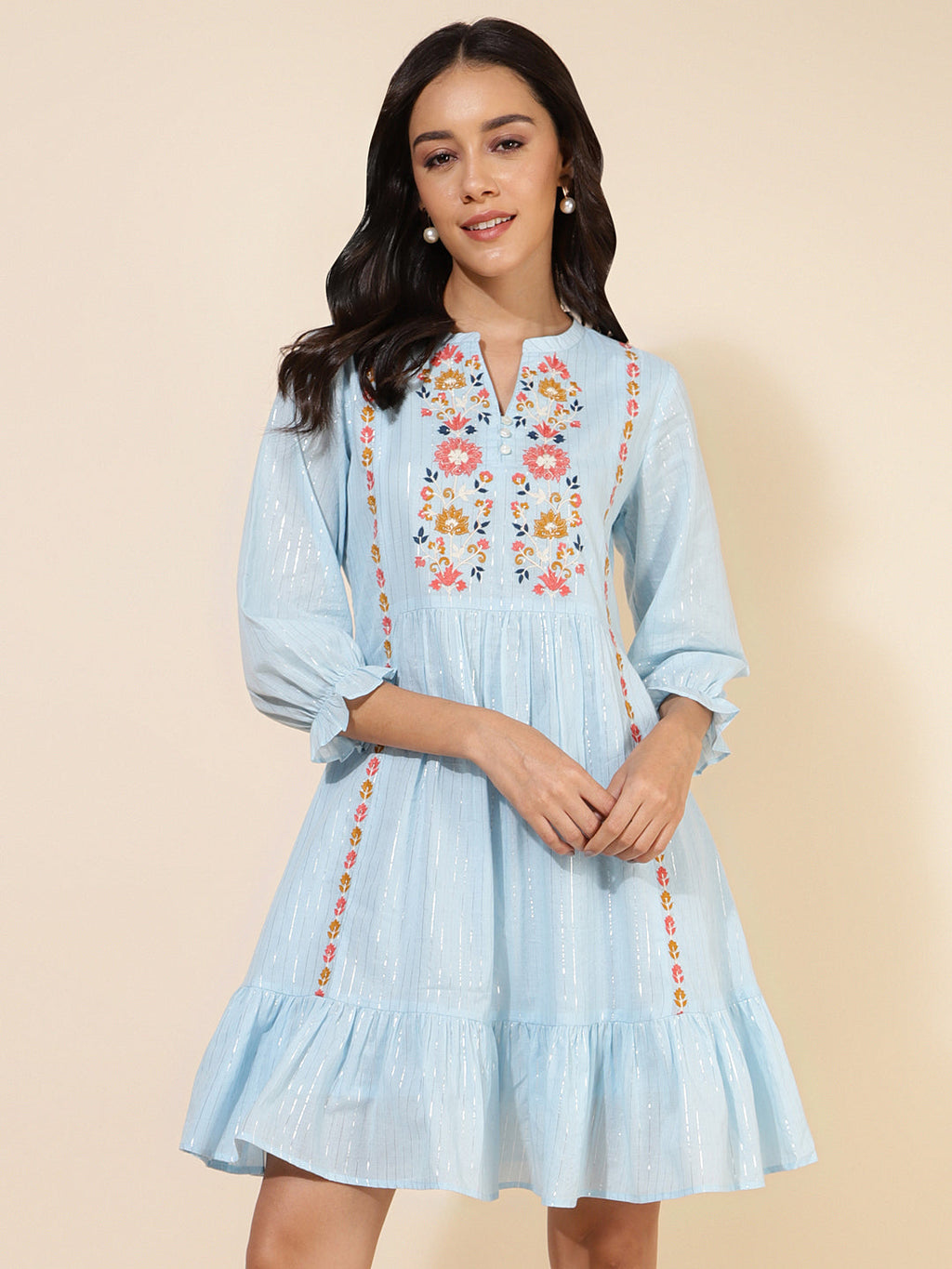 Janasya Women's Sky Blue Cotton Embroidery Casual Dress | Grocsy
