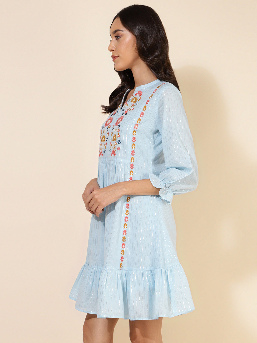 Janasya Women's Sky Blue Cotton Embroidery Casual Dress | Grocsy