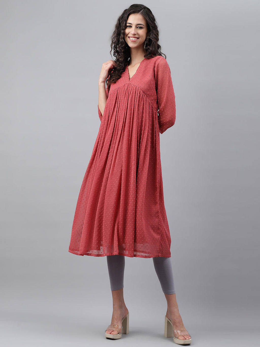 Janasya Women's Pink Dobby Chiffon Self Design Casual Empire Kurta | Grocsy
