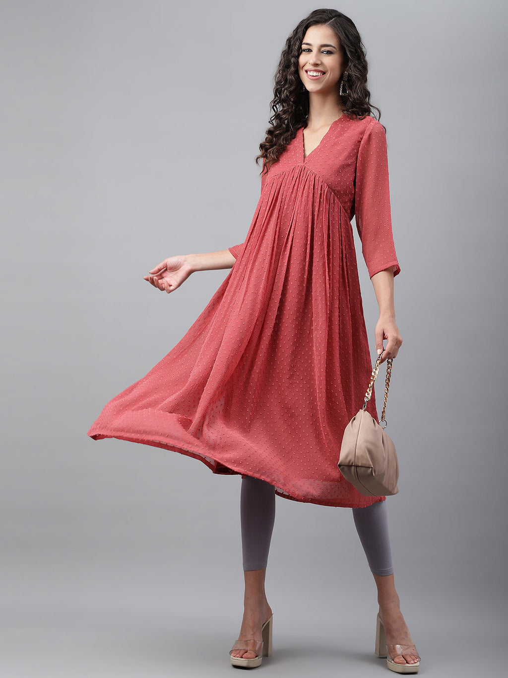 Janasya Women's Pink Dobby Chiffon Self Design Casual Empire Kurta | Grocsy