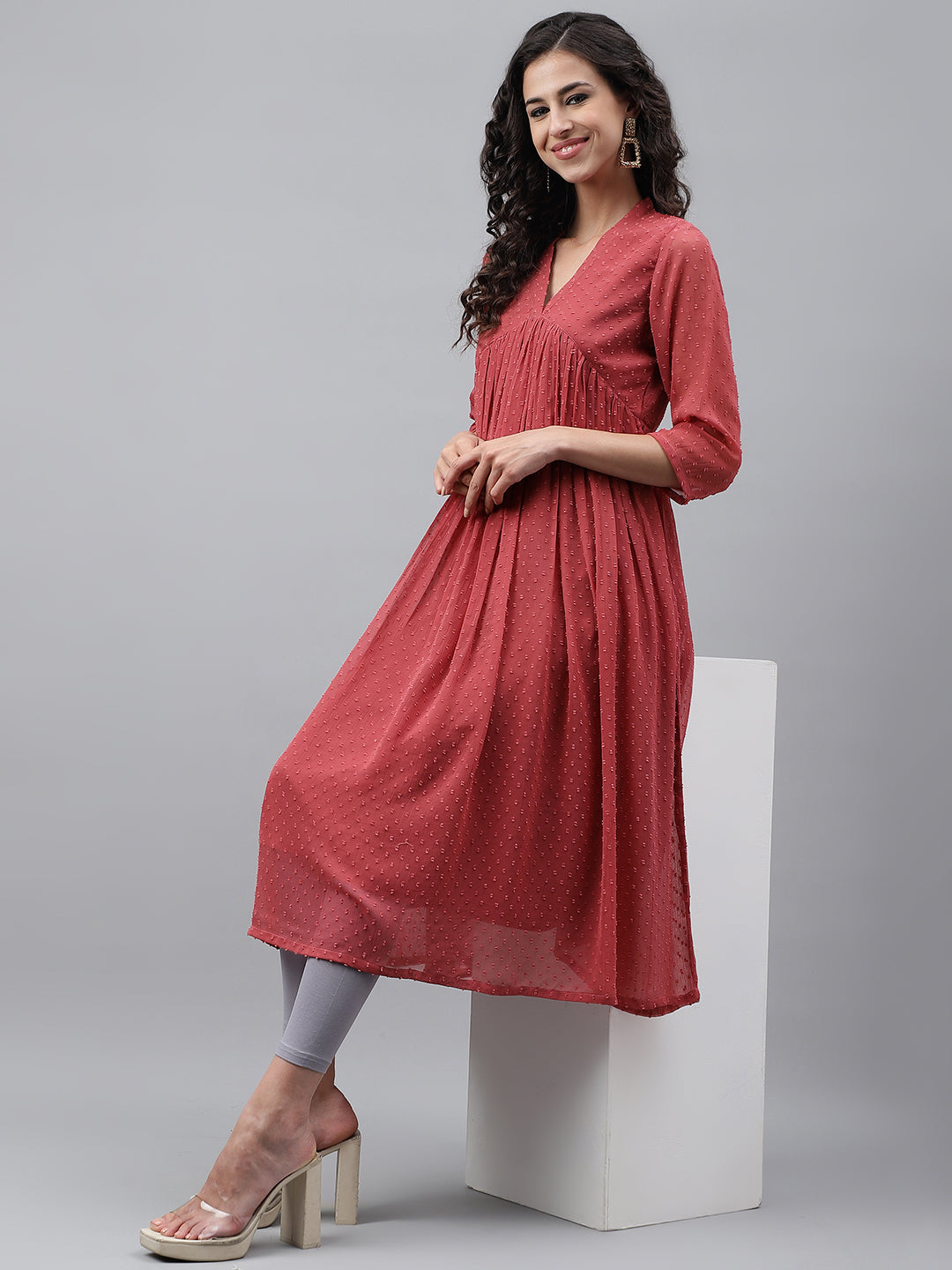 Janasya Women's Pink Dobby Chiffon Self Design Casual Empire Kurta | Grocsy