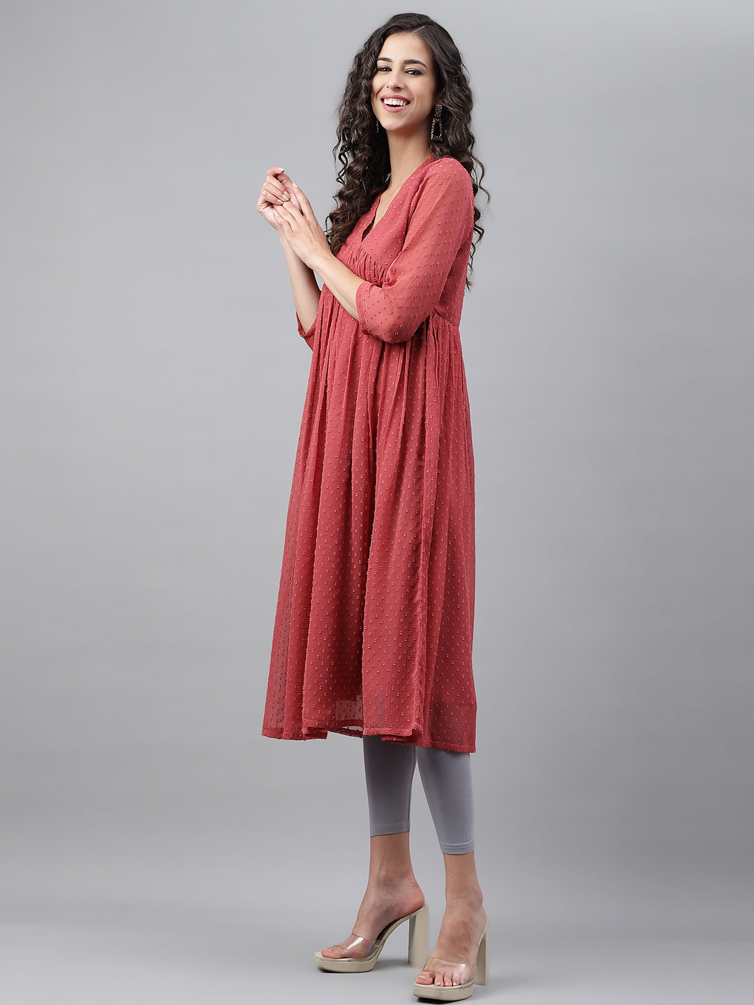 Janasya Women's Pink Dobby Chiffon Self Design Casual Empire Kurta | Grocsy