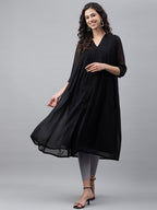 Janasya Women's Black Dobby Chiffon Self Design Festive Empire Kurta | Grocsy