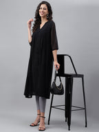 Janasya Women's Black Dobby Chiffon Self Design Festive Empire Kurta | Grocsy