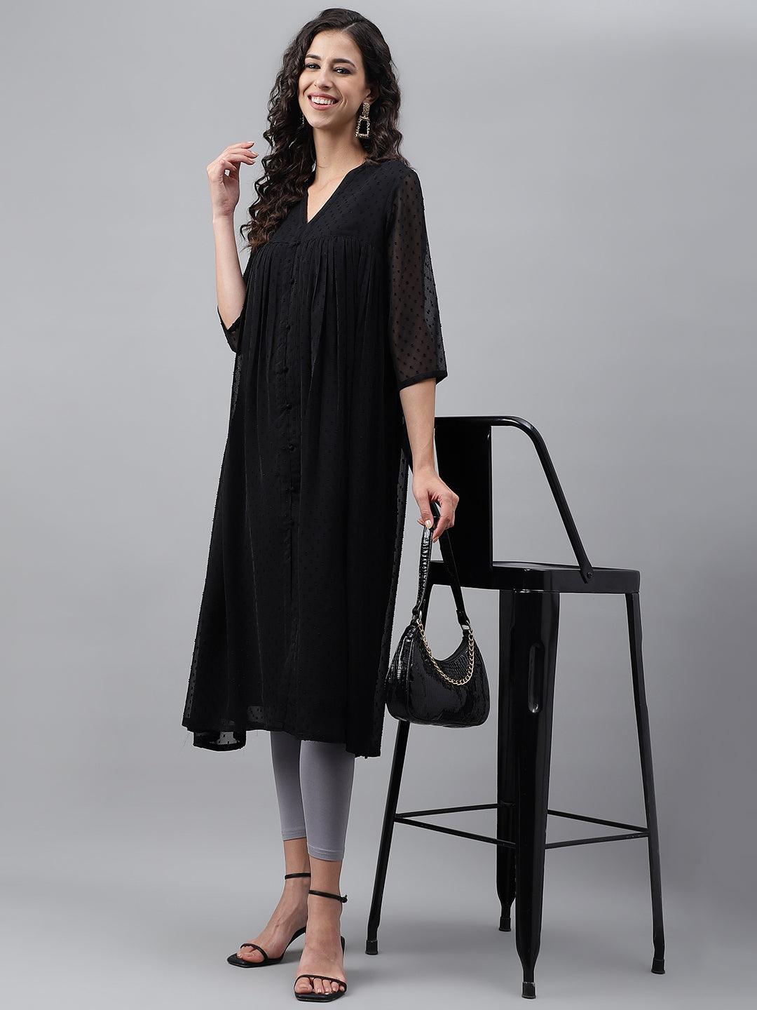 Janasya Women's Black Dobby Chiffon Self Design Festive Empire Kurta | Grocsy