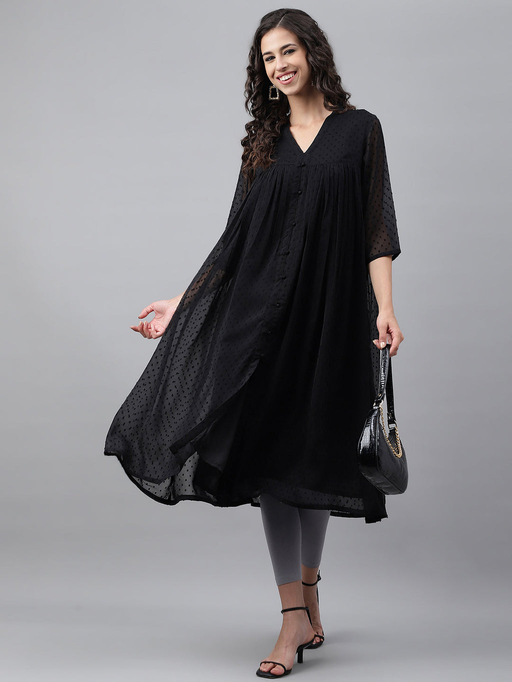 Janasya Women's Black Dobby Chiffon Self Design Festive Empire Kurta | Grocsy