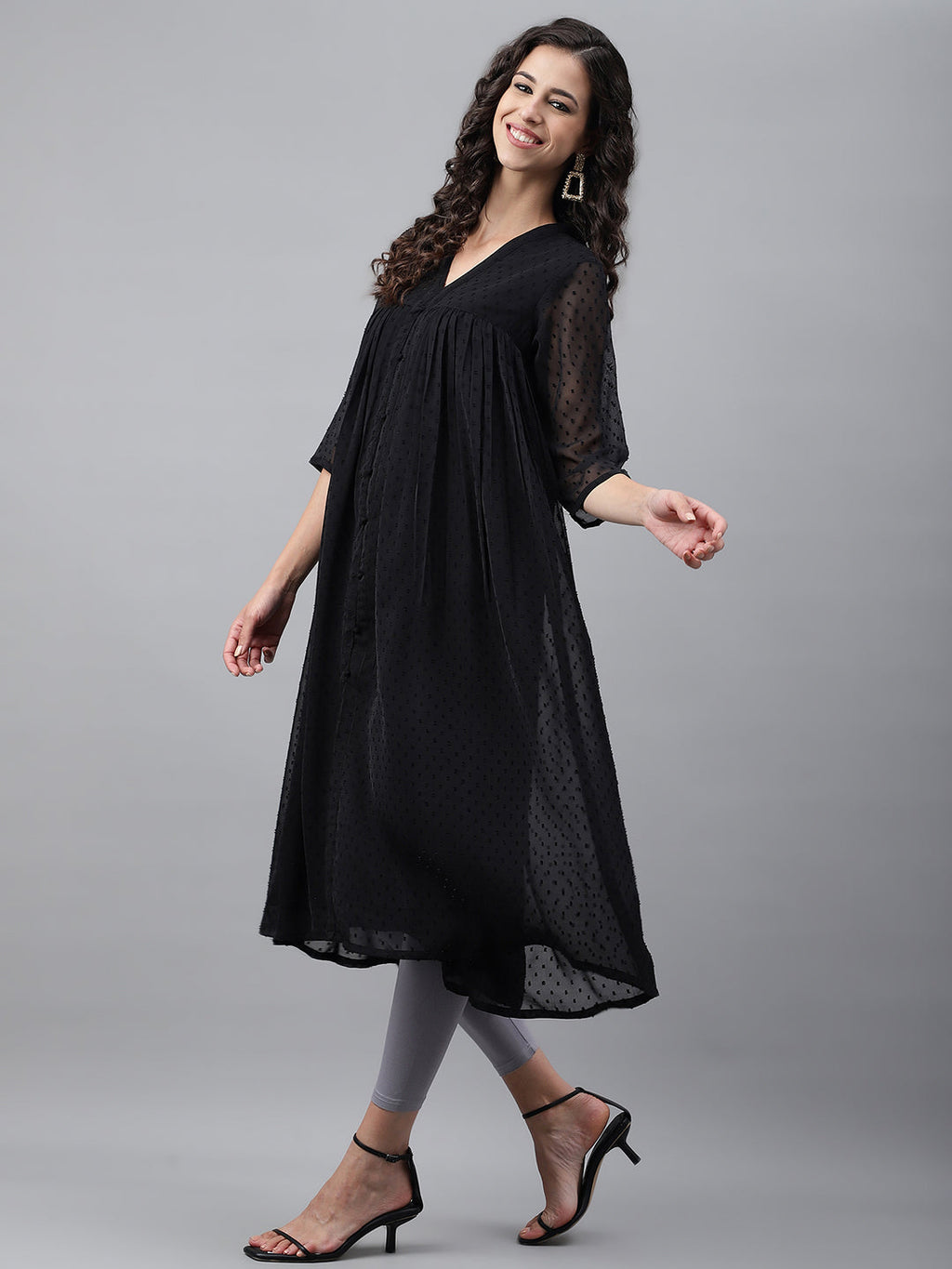 Janasya Women's Black Dobby Chiffon Self Design Festive Empire Kurta | Grocsy