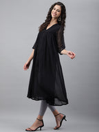 Janasya Women's Black Dobby Chiffon Self Design Festive Empire Kurta | Grocsy