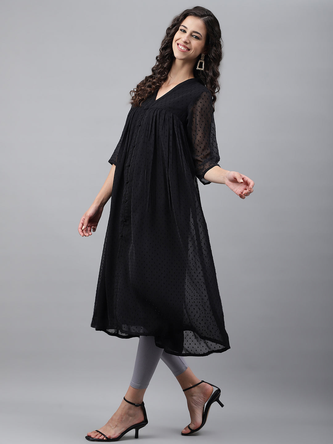 Janasya Women's Black Dobby Chiffon Self Design Festive Empire Kurta | Grocsy