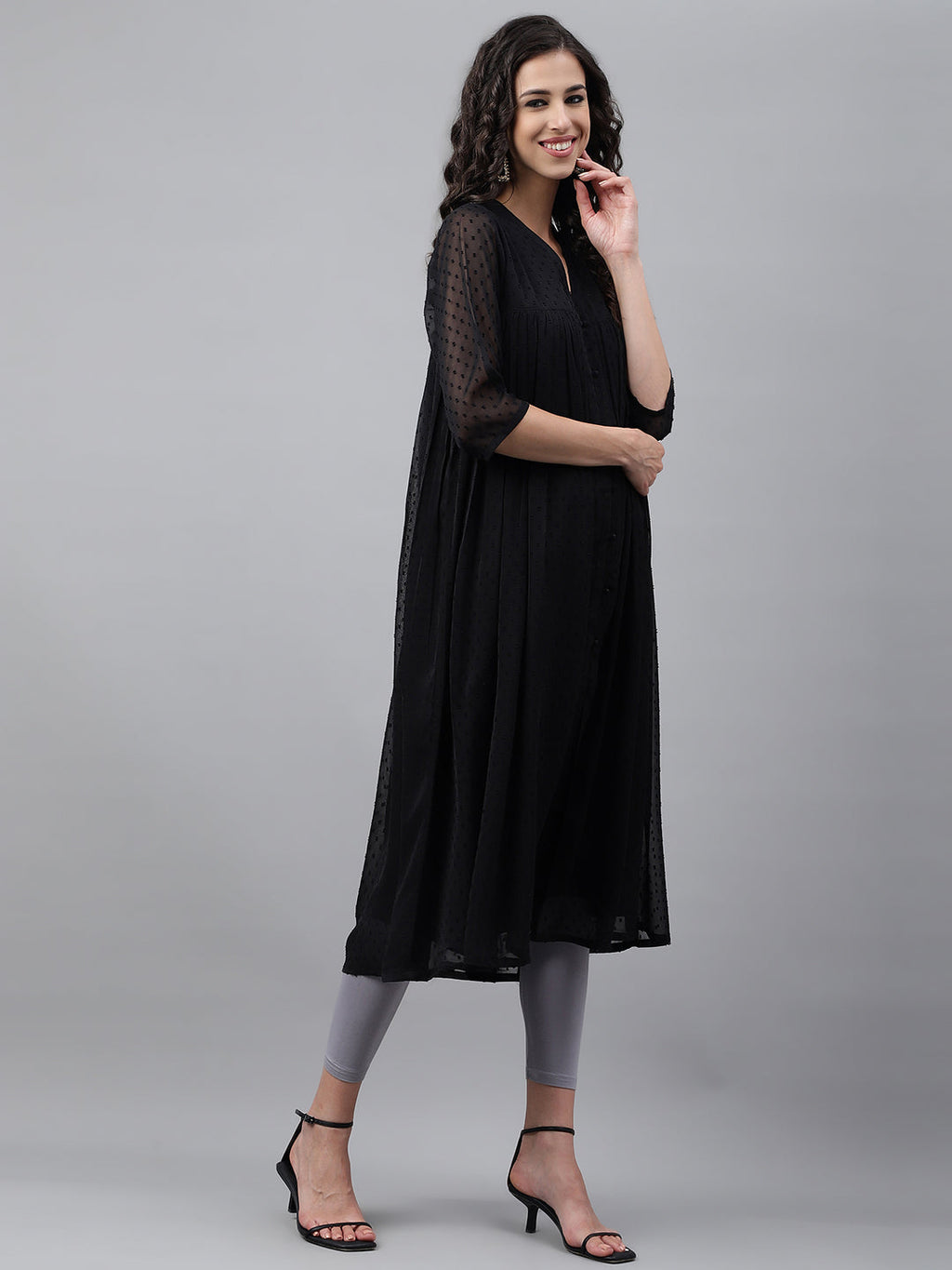 Janasya Women's Black Dobby Chiffon Self Design Festive Empire Kurta | Grocsy