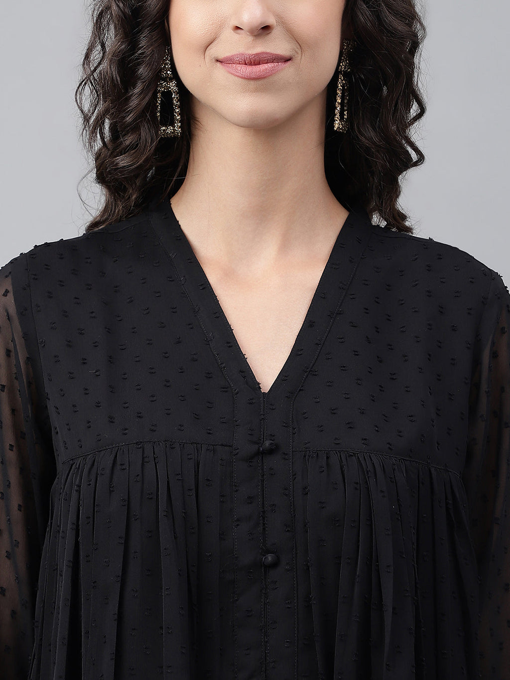Janasya Women's Black Dobby Chiffon Self Design Festive Empire Kurta | Grocsy