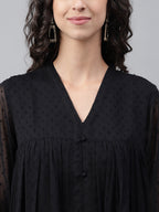 Janasya Women's Black Dobby Chiffon Self Design Festive Empire Kurta | Grocsy