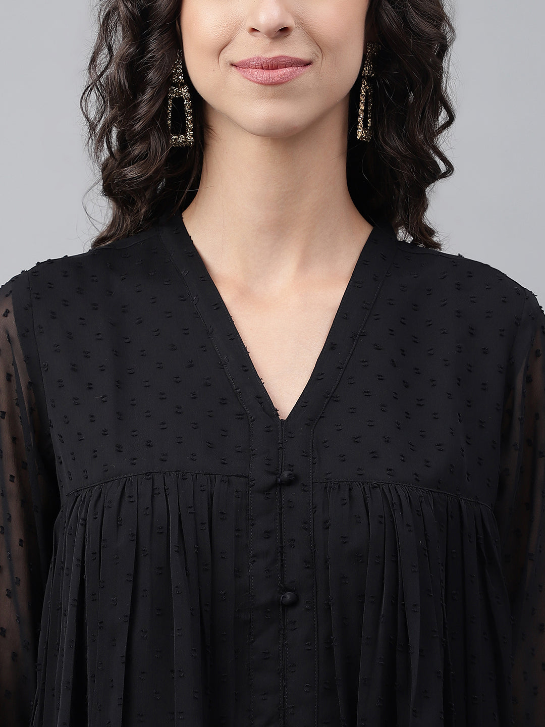Janasya Women's Black Dobby Chiffon Self Design Festive Empire Kurta | Grocsy