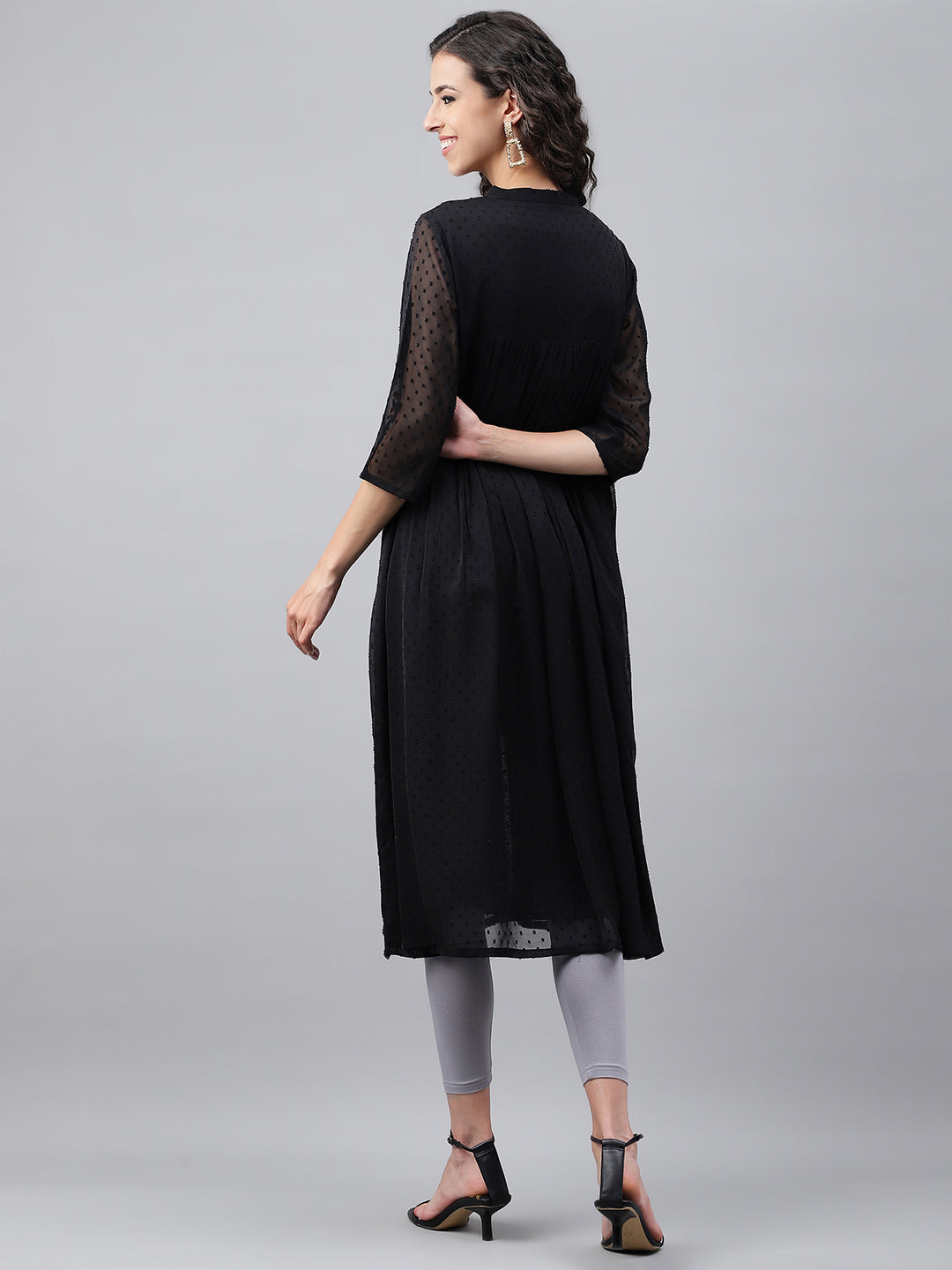 Janasya Women's Black Dobby Chiffon Self Design Festive Empire Kurta | Grocsy