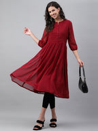 Janasya Women's Maroon Dobby Chiffon Self Design Casual Flared Kurta | Grocsy
