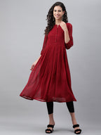 Janasya Women's Maroon Dobby Chiffon Self Design Casual Flared Kurta | Grocsy