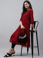 Janasya Women's Maroon Dobby Chiffon Self Design Casual Flared Kurta | Grocsy